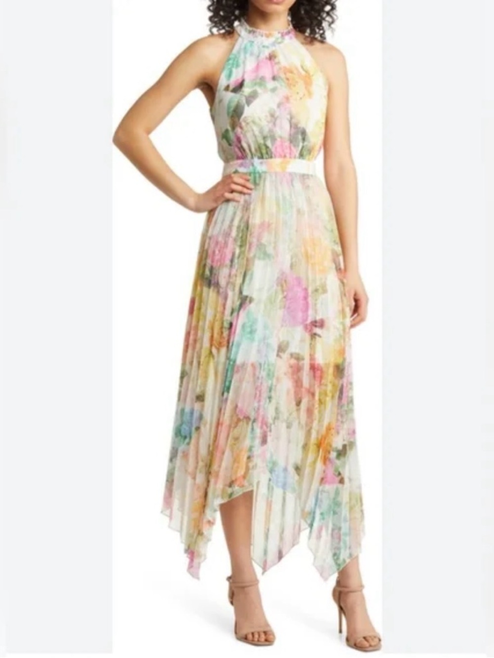 Vince Camuto Multicolor Pastel Floral Print pleated halter dress